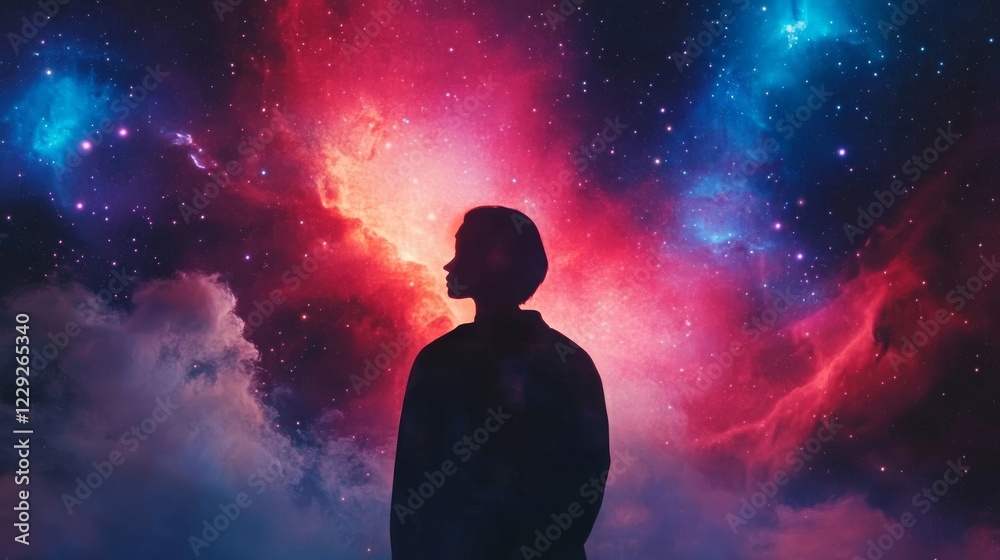 Obraz premium Silhouette of a person against a vibrant cosmic background filled with stars and colorful nebulas