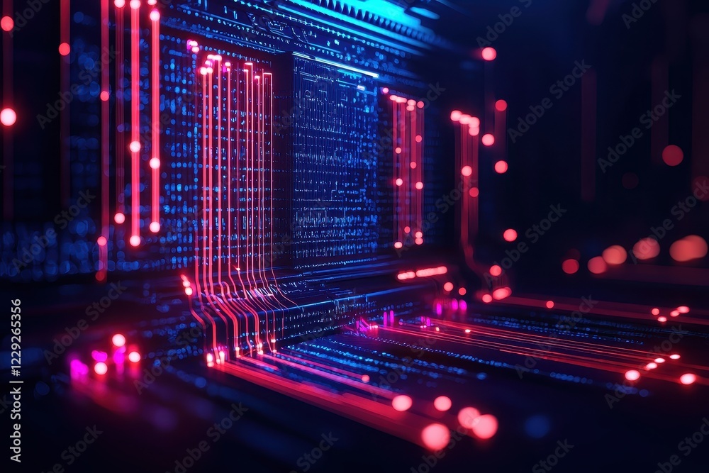 A vibrant display of digital circuitry with glowing lines in blue and red, illustrating the high-tech world of electronics and data transmission. A vibrant display of digital circuitry with glowing lines in blue and red, illustrating the high-tech world of electronics and data transmission.