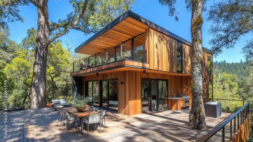 Fototapeta premium treehouse with sleek wooden siding and a large deck that wraps around the tree.