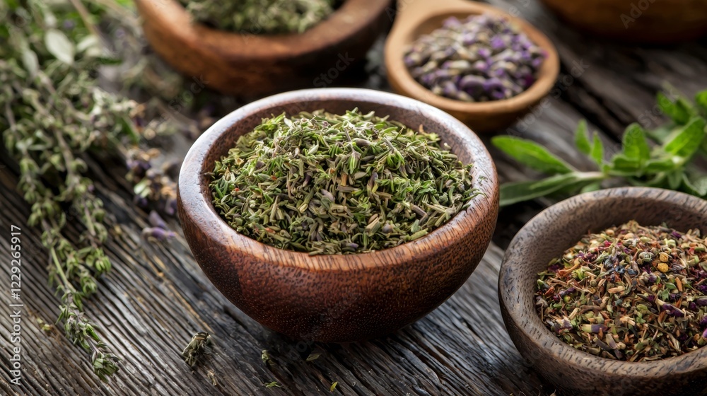 Herbs and spices in rustic wooden bowls Herbs and spices in rustic wooden bowls