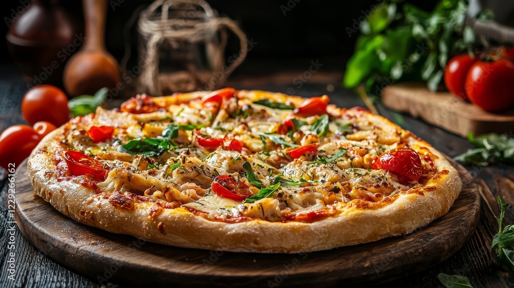 Freshly baked pizza with vegetables and herbs on wooden table Freshly baked pizza with vegetables and herbs on wooden table