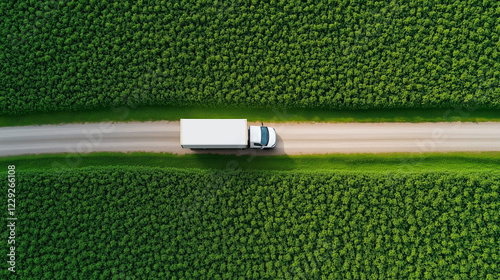 Aerial view of a delivery truck on a rural road