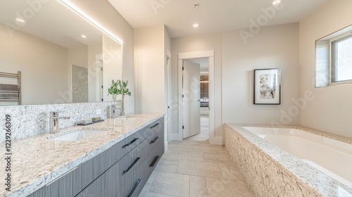 Wallpaper Mural Minimalist luxury bathroom with light granite vanity, wall-mounted sleek fixtures, and an LED backlit mirror. Torontodigital.ca