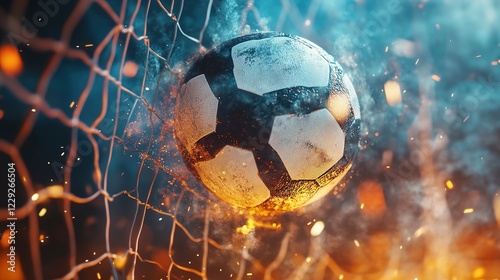 Realistic soccer ball hitting the net. Football championship in the arena. High definition of a rolling soccer ball with added particle effects.