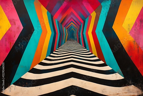 A mesmerizing op-art collage featuring a labyrinth of zigzag lines that seem to twist and turn, creating a sense of visual disorientation. The artwork celebrates the art of visual puzzles and 