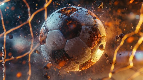 Realistic soccer ball hitting the net. Football championship in the arena. High definition of a rolling soccer ball with added particle effects.