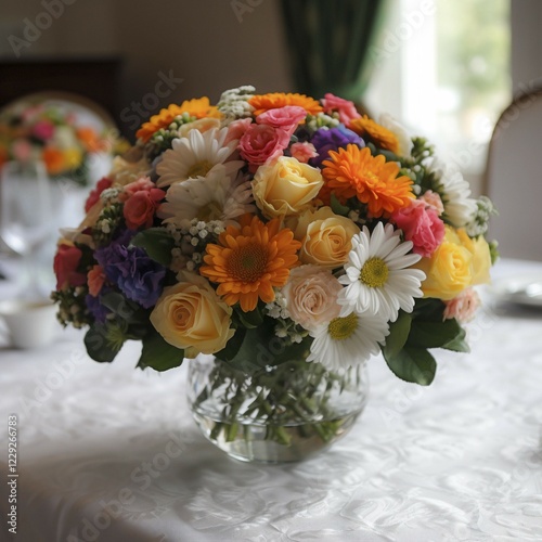 Colorful spring bouquet in a vase on a wooden table, AI generated