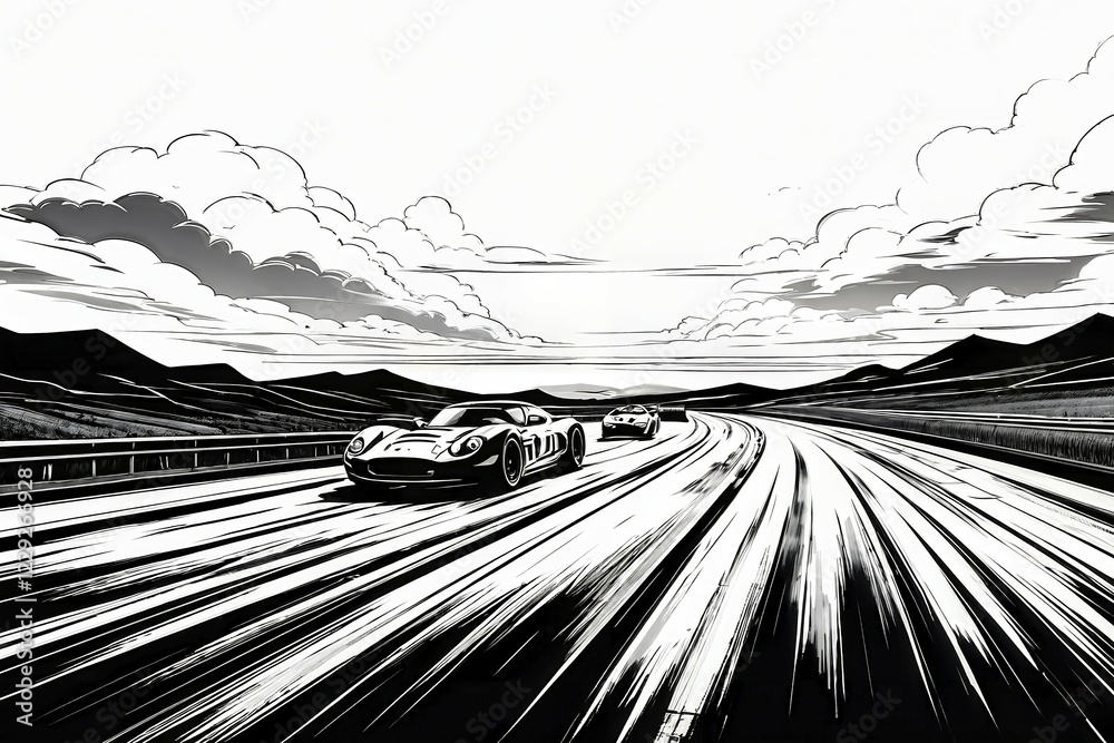 Fototapeta premium Race car on race track, black and white line art, AI generated