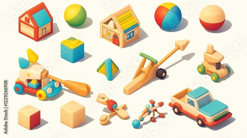 Set of 3d wooden toys isolated on white background, including house blocks, gift box, toy car, cube blocks and balls