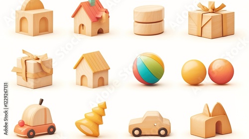 Set of 3d wooden toys isolated on white background, including house blocks, gift box, toy car, cube blocks and balls
