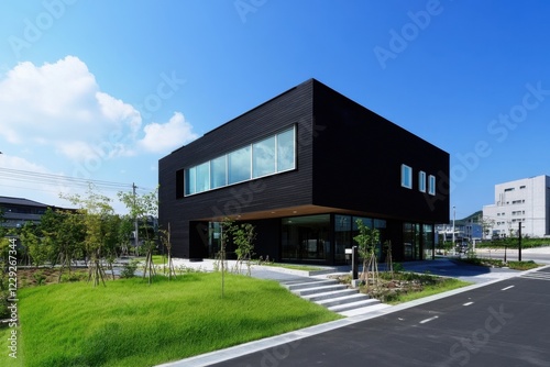 Wallpaper Mural Modern architecture showcases a striking black building amidst a clear blue sky with vibrant green landscaping in a contemporary urban area during daylight hours Torontodigital.ca