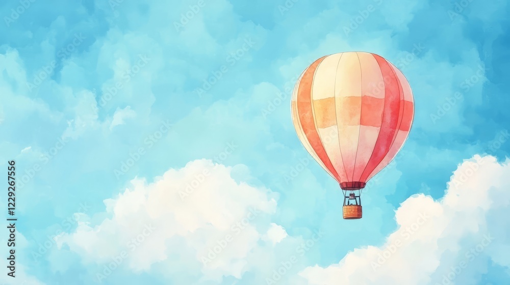 Fototapeta premium Colorful hot air balloon soaring through a clear sky on a sunny day above fluffy clouds