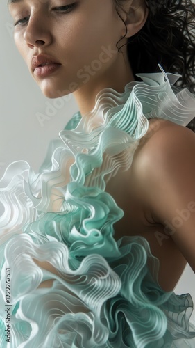 beautiful woman wearing a wavy 3D printed dress