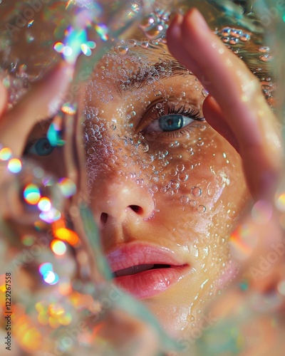 beautiful woman looking through soap bubbles