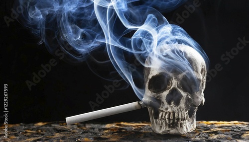 AI generated, A skull and a burning cigarette, Smoking kills photo