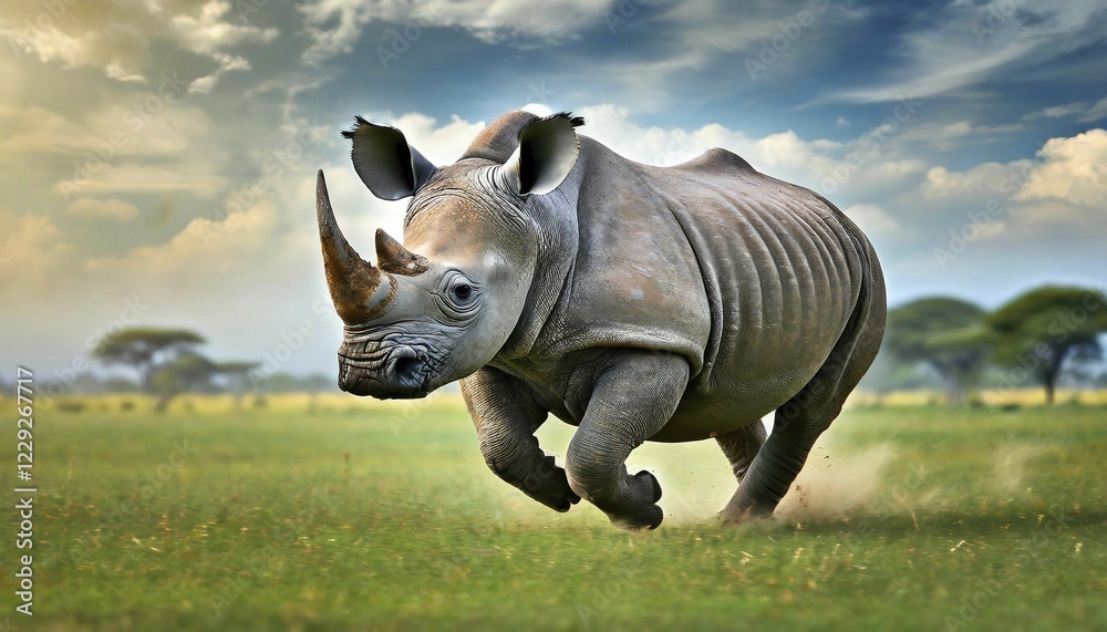 Fototapeta premium AI generated, animal, animals, mammal, mammals, biotope, habitat, one, individual, foraging, wildlife, rhinoceros, white rhinoceros (Ceratotherium simum), white-lipped rhinoceros, white rhino