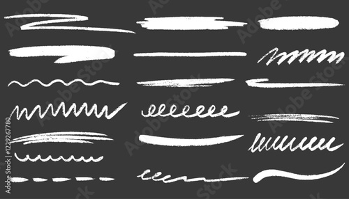 Grunge strikethrough and underline elements. Chalk lines, charcoal highlight strokes doodle set.  Doodle vector graphic elements. Pencil underlines, kids crayon strips, brush line in sketch style. Cro