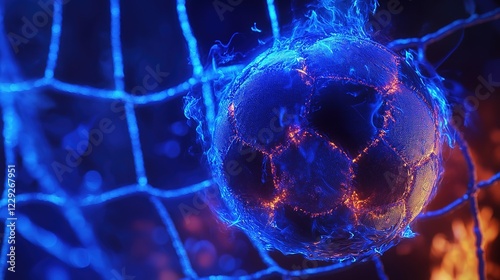 Soccer Ball in goal net on fire, illustration of Black-Blue Soccer Ball with Rotating Particles under Blue Laser Lighting.