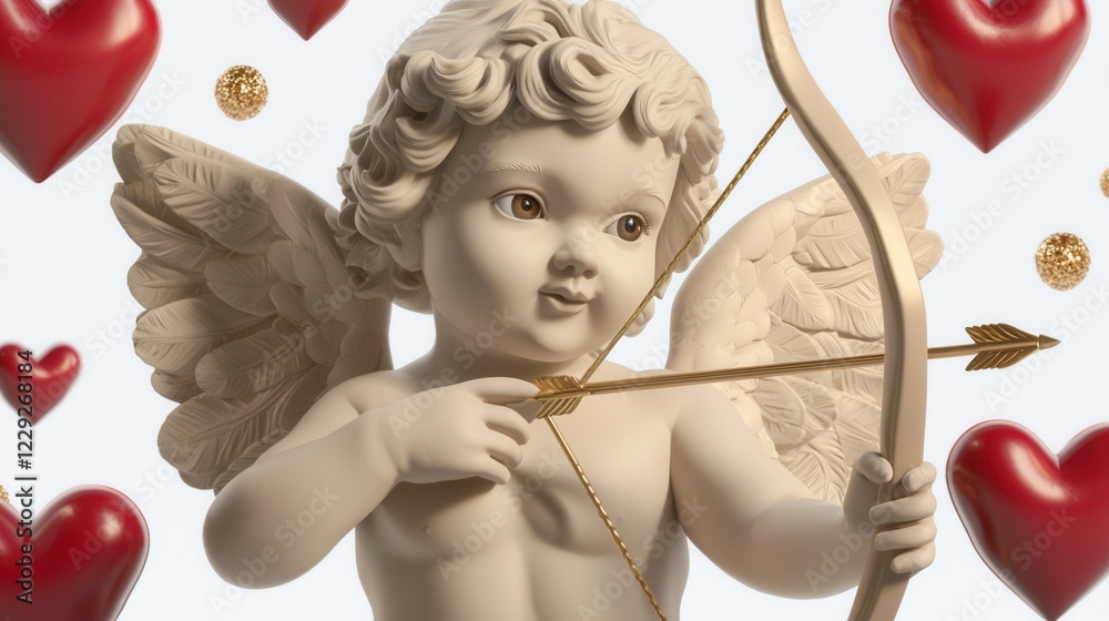 Fototapeta premium Cherubic Angel Figurine With Bow And Arrow Amidst Floating Hearts