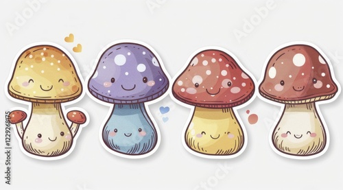 Five cute cartoon mushrooms with smiling faces and heart details as a sticker set, ai generated, AI generated photo