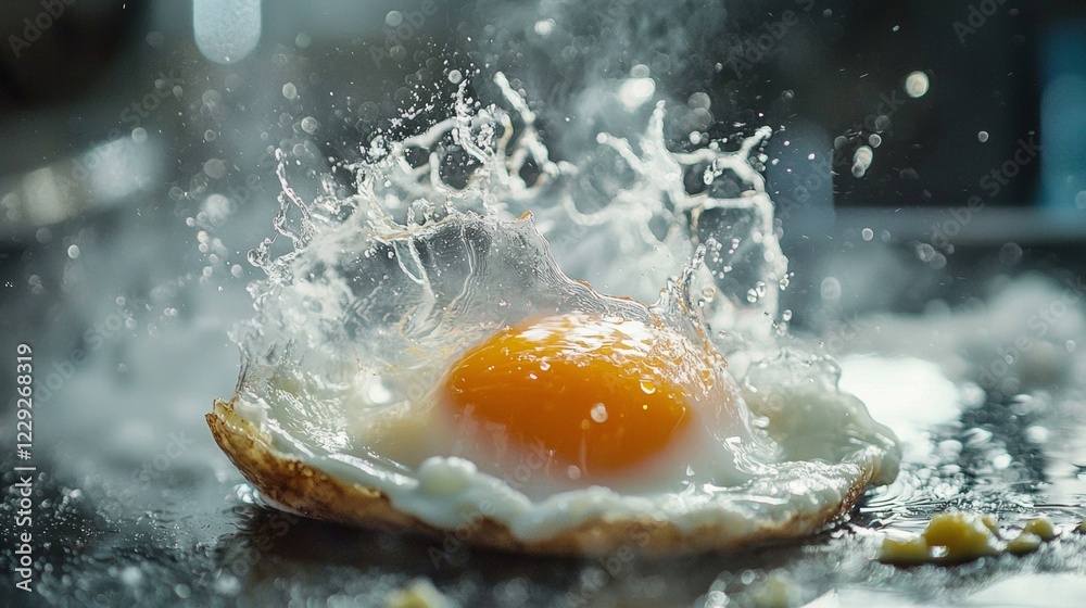Egg yolk splashing in a pan with dramatic lighting Egg yolk splashing in a pan with dramatic lighting