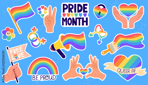 LGBT sticker pack on blue background. LGBTQ set. Symbol of the LGBT pride community. Rainbow elements. Vector hand draw illustration