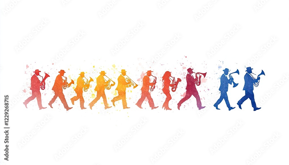 A colorful silhouette of musicians marching in a lively parade, surrounded by splashes of vibrant paint A colorful silhouette of musicians marching in a lively parade, surrounded by splashes of vibrant paint