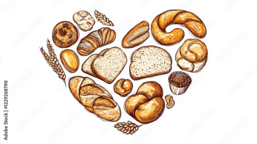 Delicious assortment of baked goods arranged in the shape of a heart on a white background Delicious assortment of baked goods arranged in the shape of a heart on a white background