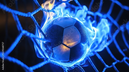 Soccer Ball in goal net on fire, illustration of Black-Blue Soccer Ball with Rotating Particles under Blue Laser Lighting.