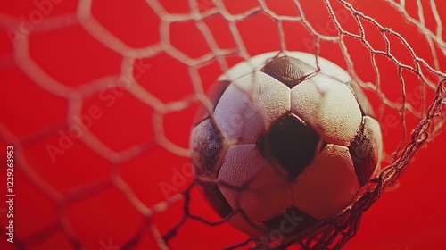 Soccer ball in net with Soccer ball in goal on red background