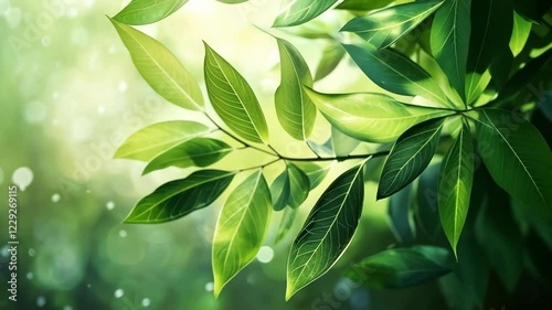 Sunlit green leaves rustling in a tranquil forest with soft bokeh background