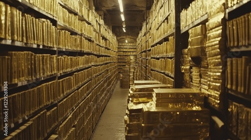 narrow, dimly lit bookstore aisle lined with towering bookshelves. photo