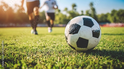soccer players practice before the match. Cropped image of male feet hitting ball in 3d outdoor sports arena. Sport, game concept