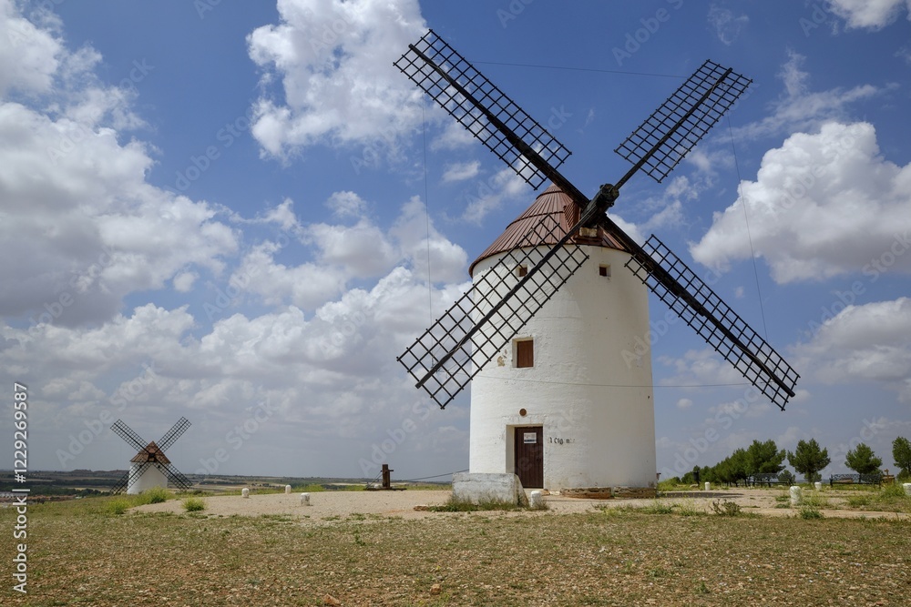 Windmills, Mota del Cuervo, Province of Cuenca, Castilla-La Mancha Region, Spain, Europe Windmills, Mota del Cuervo, Province of Cuenca, Castilla-La Mancha Region, Spain, Europe
