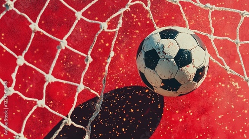 Soccer ball in net with Soccer ball in goal on red background