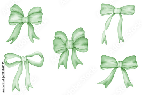 Green  ribbon bow watercolor vector illustration set 