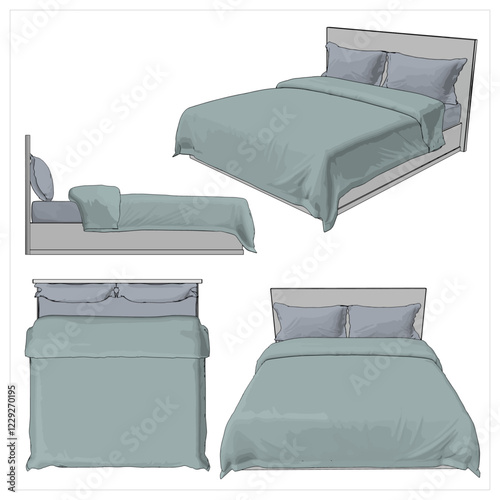 Modern Bed illustration with blanket and pair pillows. Vector images are produced from the auto tracing process.