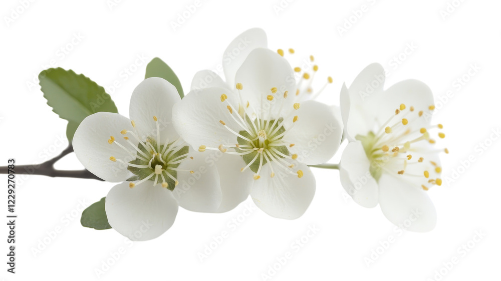 Obraz premium Beautiful white blossoms with delicate petals and green leaves in a simple arrangement showcasing spring's charm