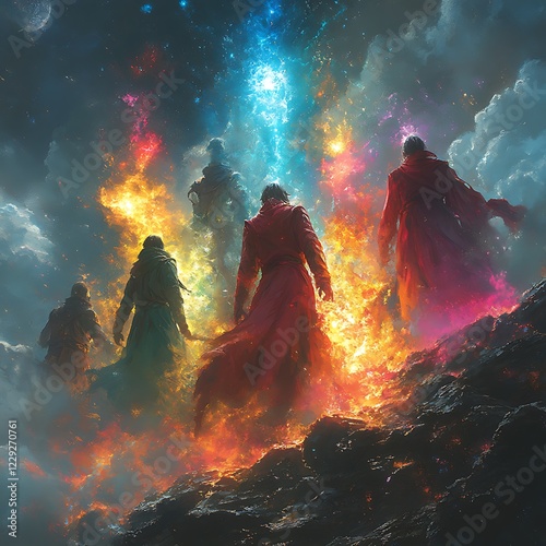 Action-packed anime art of a group of heroic mages summoning elemental powers to combat dark forces. 