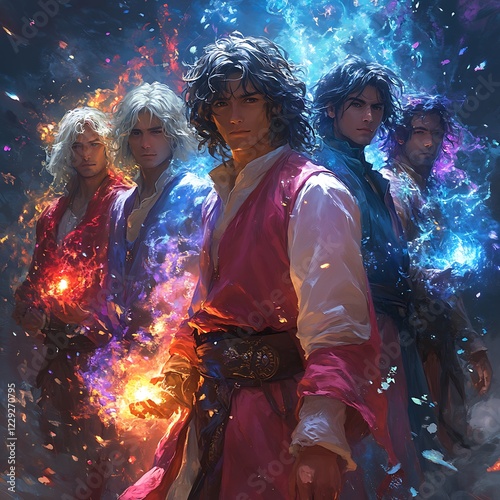 Action-packed anime art of a group of heroic mages summoning elemental powers to combat dark forces. 