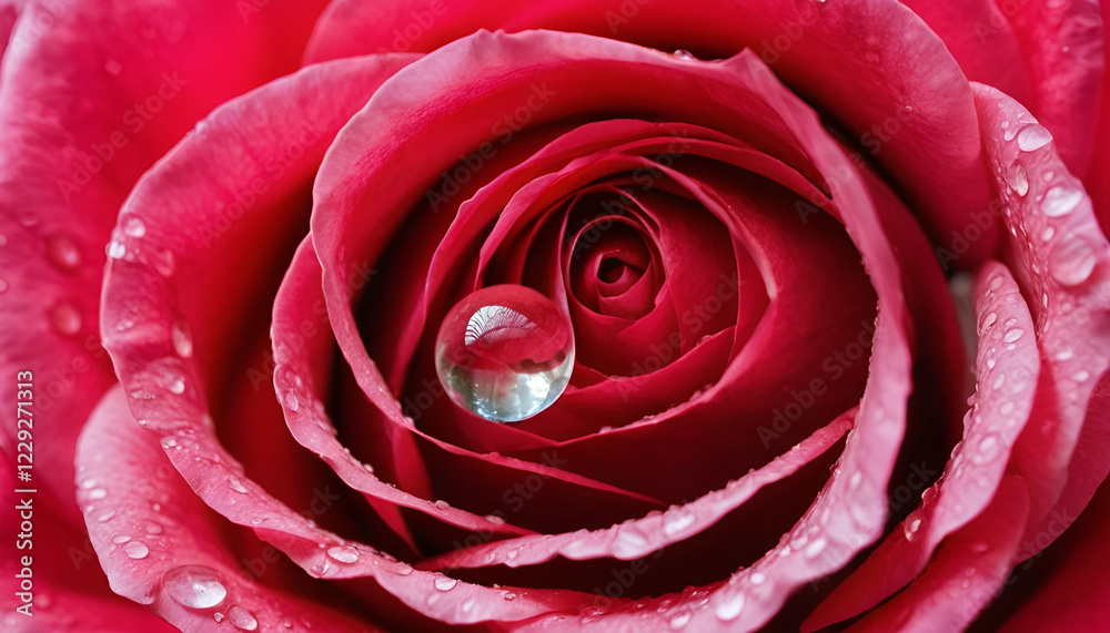 A close-up of a single dewdrop resting on a vibrant red rose petal A close-up of a single dewdrop resting on a vibrant red rose petal