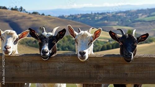 This image features four goats curiously looking over a wooden fence. Their playful faces and vibrant colors bring joy. A perfect representation of farm life and animal beauty. AI