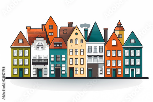 Illustration of multicolored old houses together on a white background. Image created with AI photo