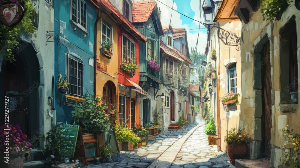 Fototapeta premium street in a quaint village, where colorful houses stand close together, their windows peeking out like eyes from the walls