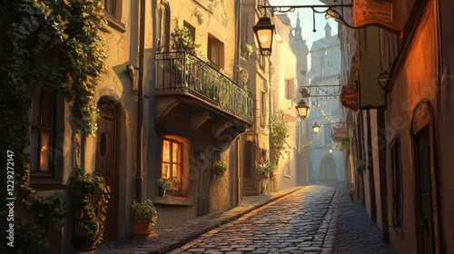 street in an old European town, where cobblestones line the ground and vintage streetlights flicker.