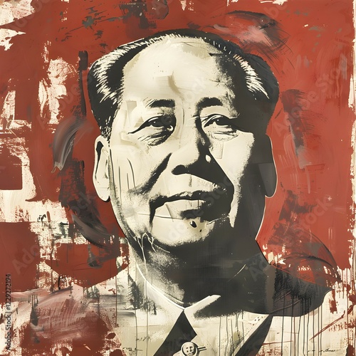 Modern painting in red, black and white depicting a portrait of the Chairman of the Chinese Communist Party, Mao Tse-tung, AI generated, AI generated