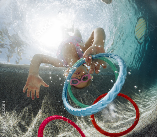 Young girl diving for pool toys under water blowing bubbles photo