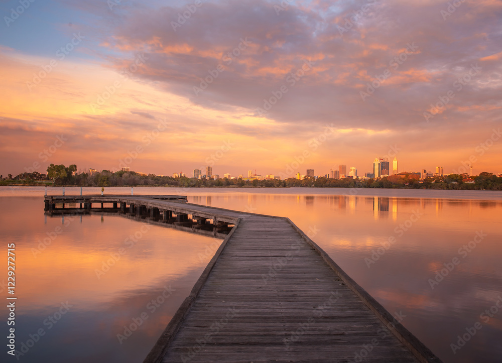 Fototapeta premium sunset over the river and bridge