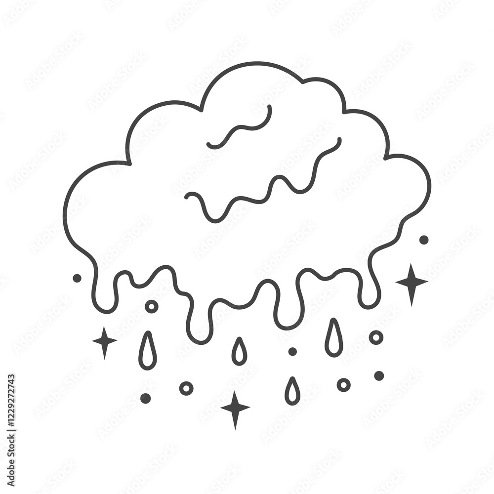 Surreal Dripping Cloud with Drops and Stars. Hand drawn vector illustration. Melting weather symbol. Psychedelic surrealism line art Surreal Dripping Cloud with Drops and Stars. Hand drawn vector illustration. Melting weather symbol. Psychedelic surrealism line art
