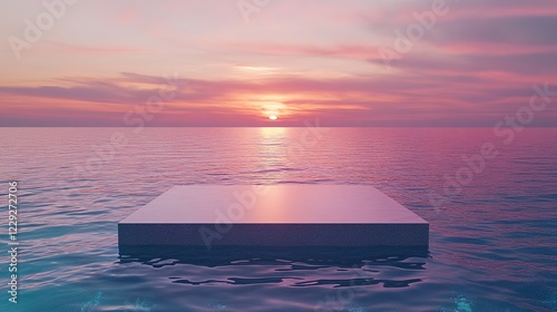 The podium stands in the water of a luxury swimming pool with a view of the sea and sunset.